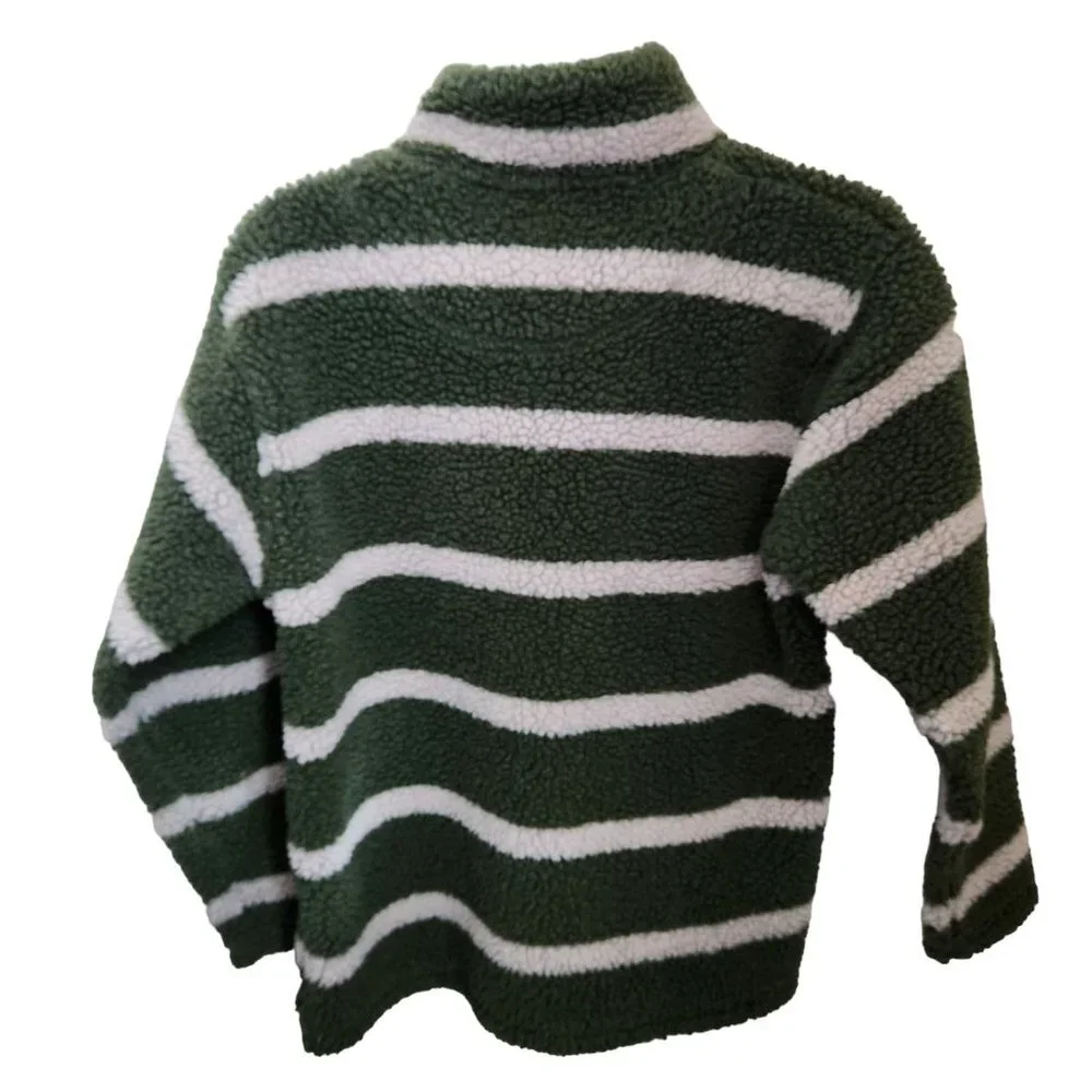 Mini Boden Boy’s Size 11 12 Green & Black Striped Sherpa Pullover‎ Jacket